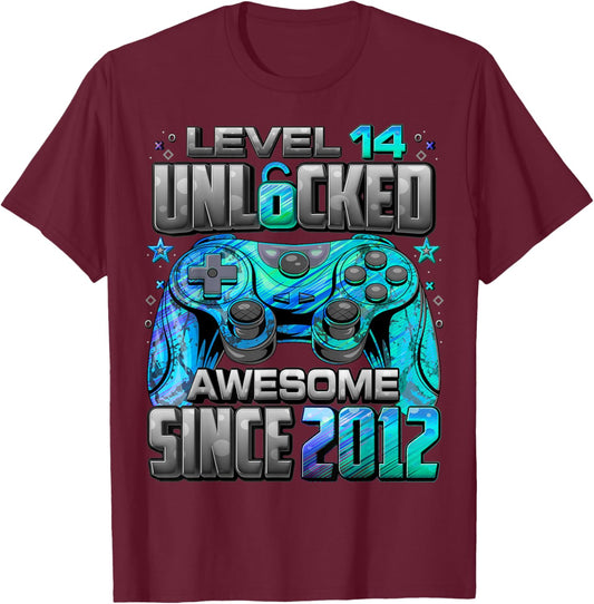 Level 14 Unlocked Awesome Since 2012 14th Birthday Gaming T-Shirt - T-Shirt | Maroon