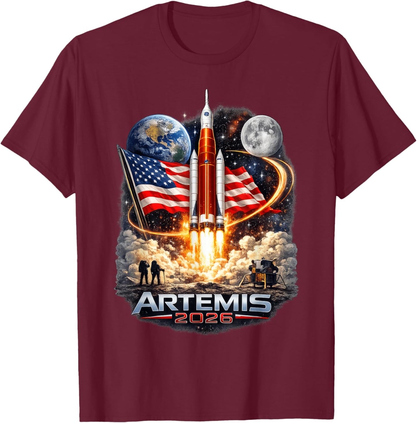 Artemis II Rocket Space Launch Back to The Moon Mission 2026 T-Shirt - T-Shirt | Maroon