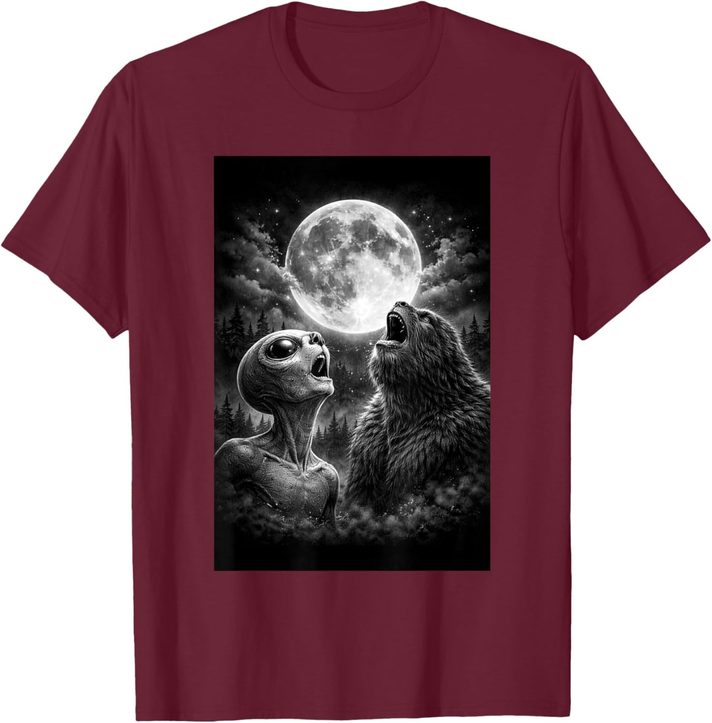 Funny Alien and Bigfoot Howling at Moon Humor Man Woman T-Shirt - T-Shirt | Maroon