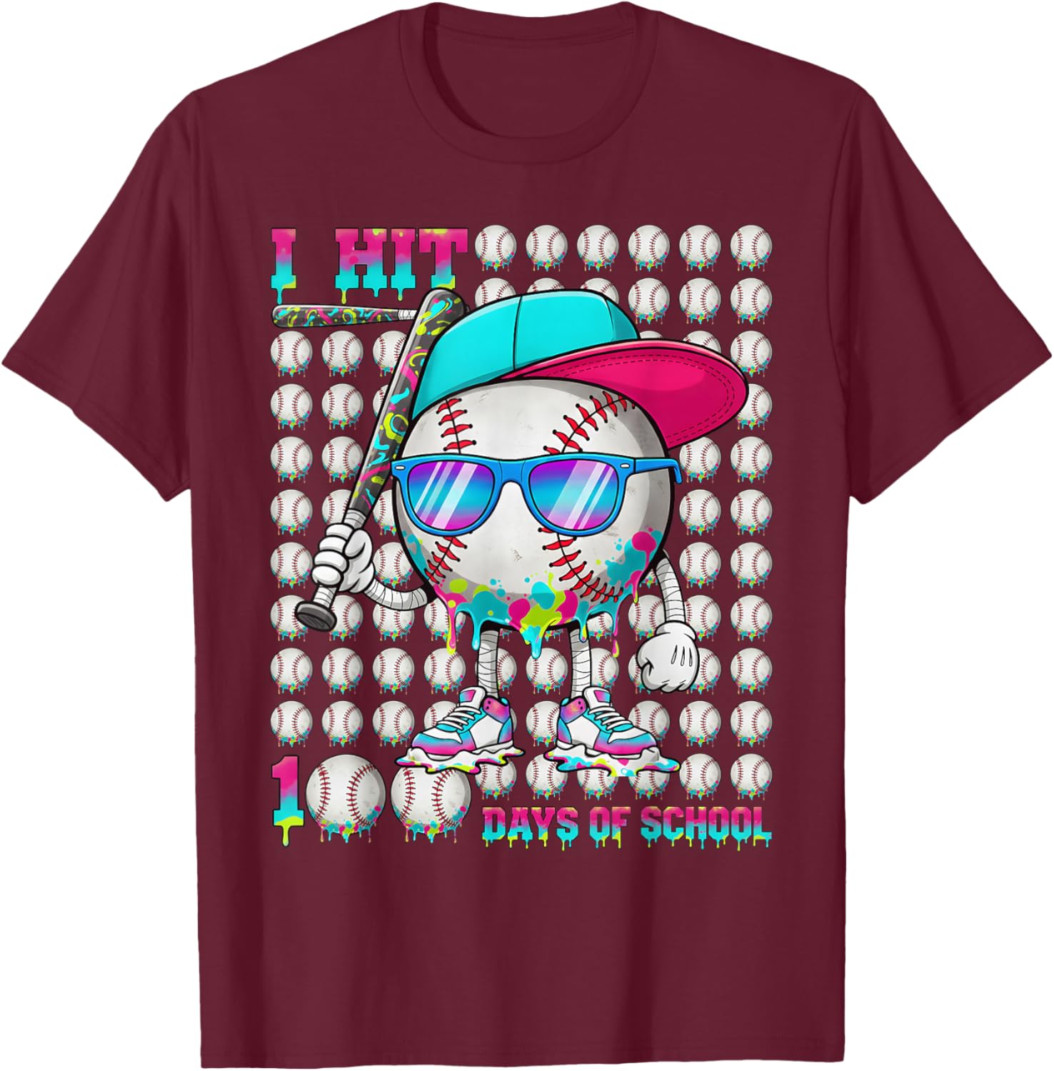 100 Days of School Baseball Drip Ice Cream Boys Kids T-Shirt - T-Shirt | Maroon
