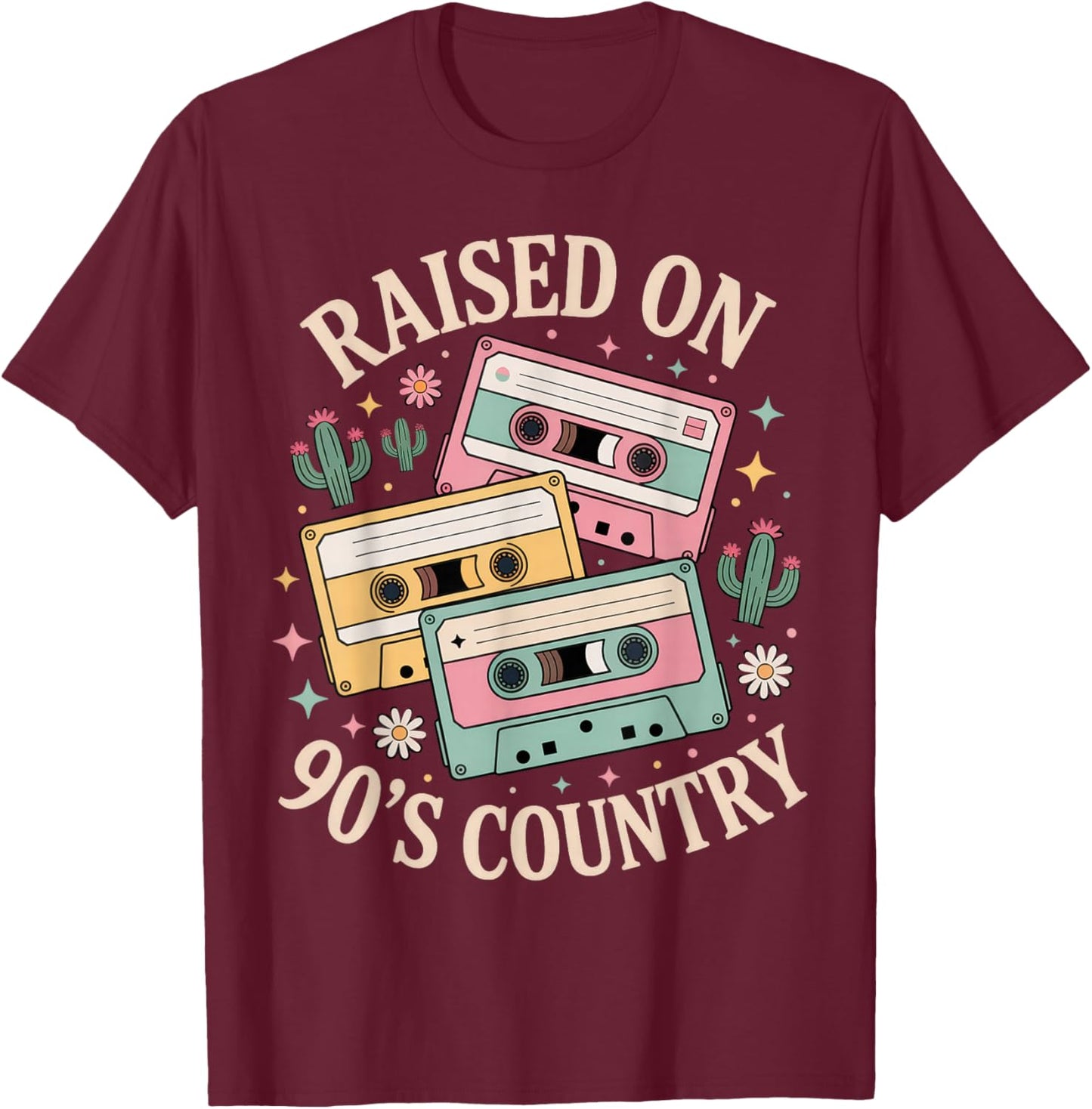 Raised On 90's Country Music Retro Cassette Design T-Shirt - T-Shirt | Maroon