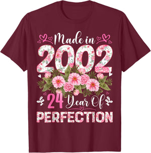 24 Year Old Made in 2002 Floral 24th Birthday Women T-Shirt - T-Shirt | Maroon