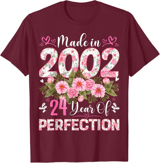 24 Year Old Made in 2002 Floral 24th Birthday Women T-Shirt - T-Shirt | Maroon