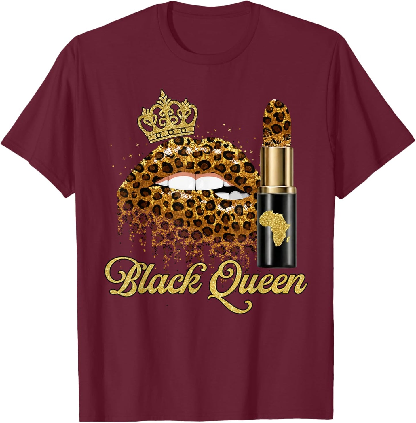 Black Queen Lips Crown Lipsticks Leopard Black History Month T-Shirt - T-Shirt | Maroon