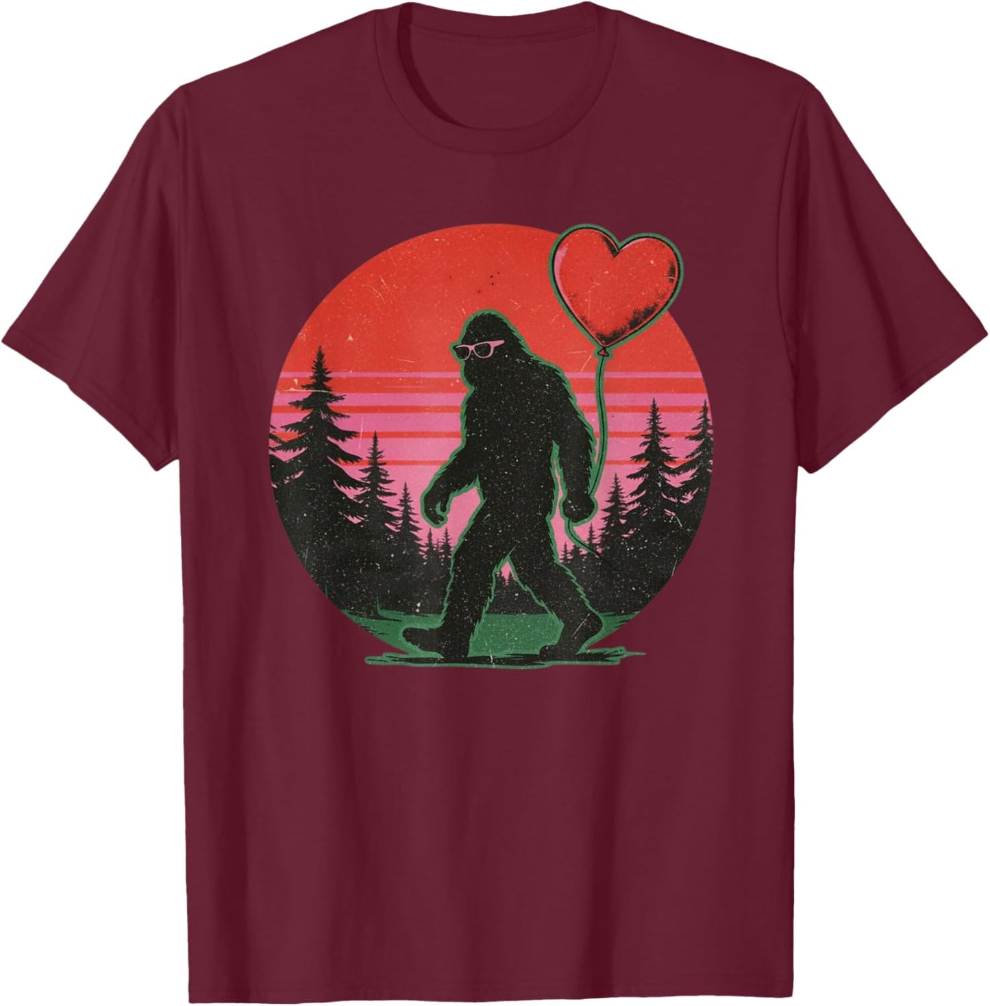 Bigfoot Valentine Funny Sasquatch Love Heart Balloon Retro T-Shirt - T-Shirt | Maroon