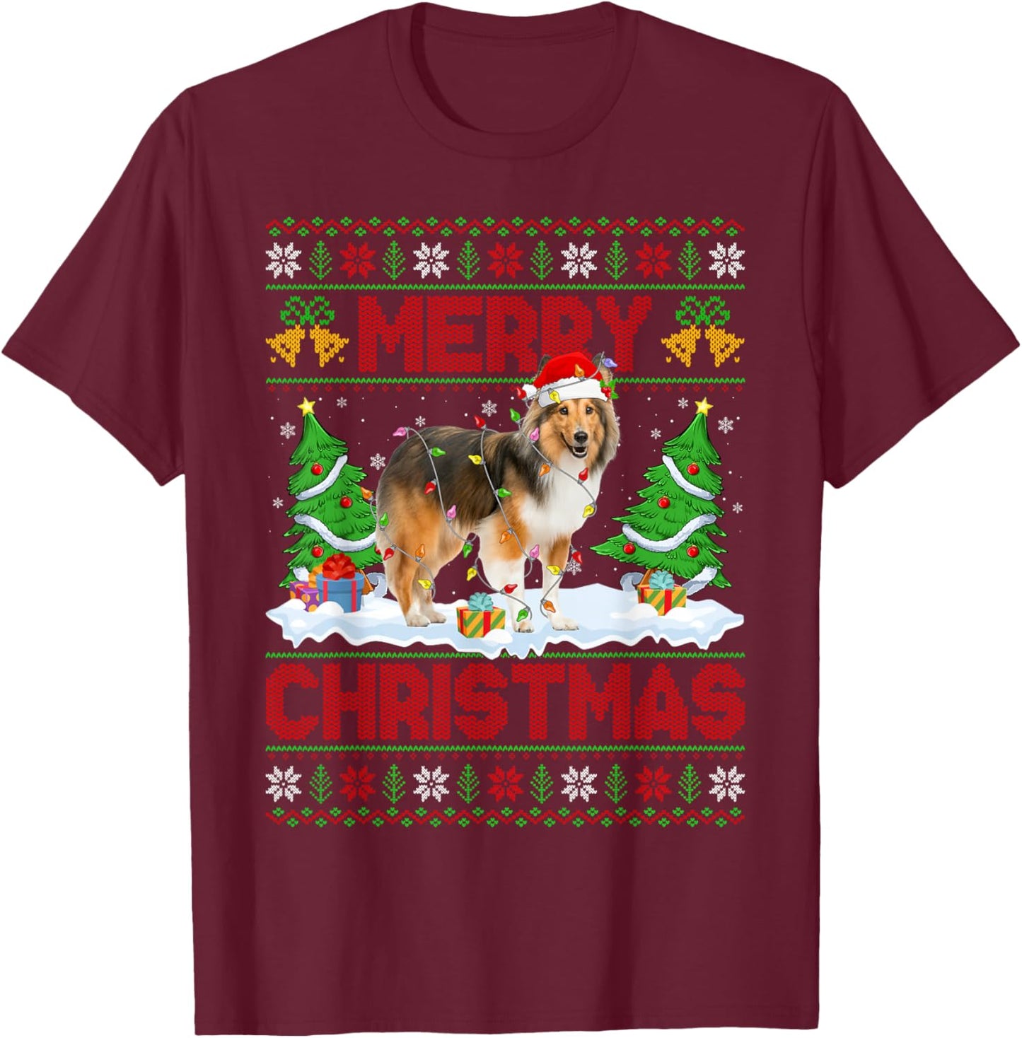 Sheltie Shetland Sheepdog Ugly Xmas Sweaters Dog Christmas T-Shirt - T-Shirt | Maroon