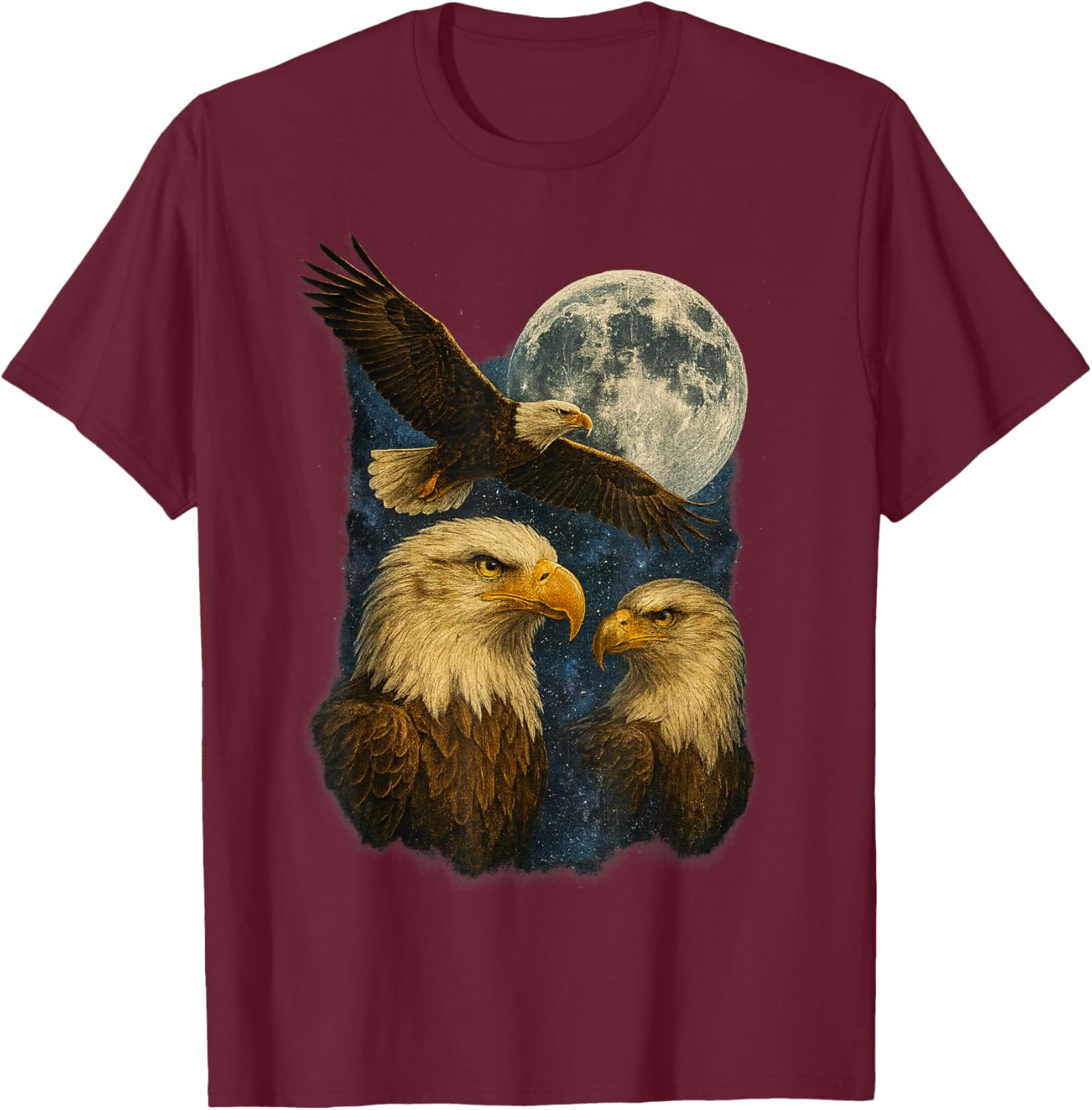 Three Bald Eagle Moon American Bird Lover Wildlife T-Shirt - T-Shirt | Maroon