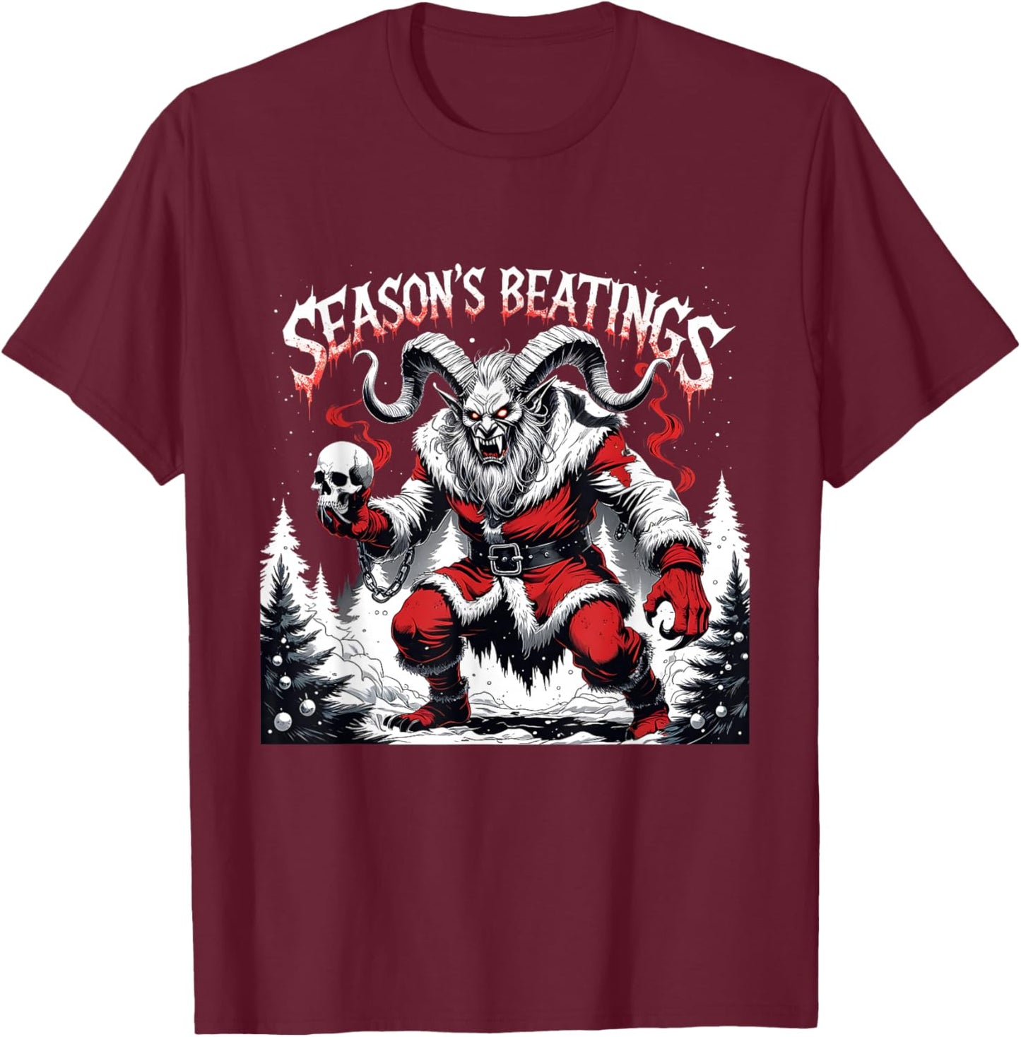 Season’s Beatings Krampus Horror Christmas T-Shirt - T-Shirt | Maroon
