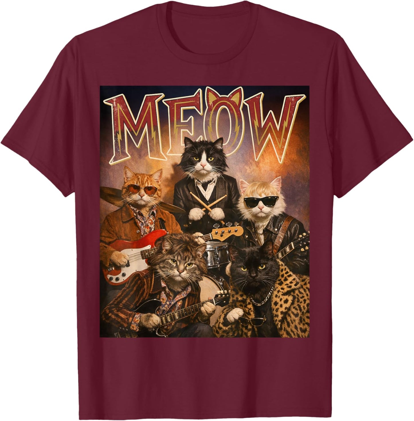 Meow Funny Cat Rock and Roll Band 60s Retro Music Fan T-Shirt - T-Shirt | Maroon