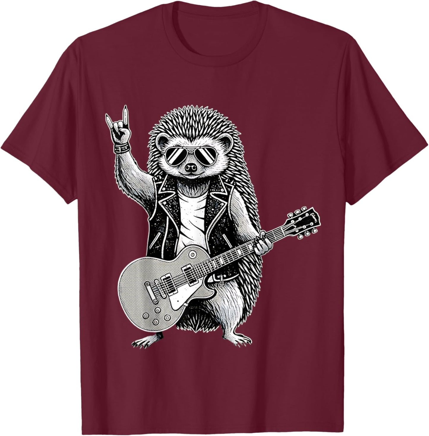 Funny Rock Music Band Hedgehog Playing Guitar Retro Graphic T-Shirt - T-Shirt | Maroon