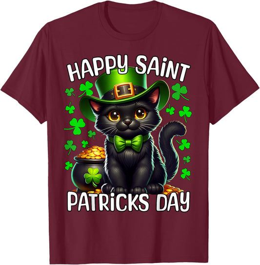 Black Cat Happy Saint Patricks Day Cat T-Shirt - T-Shirt | Maroon