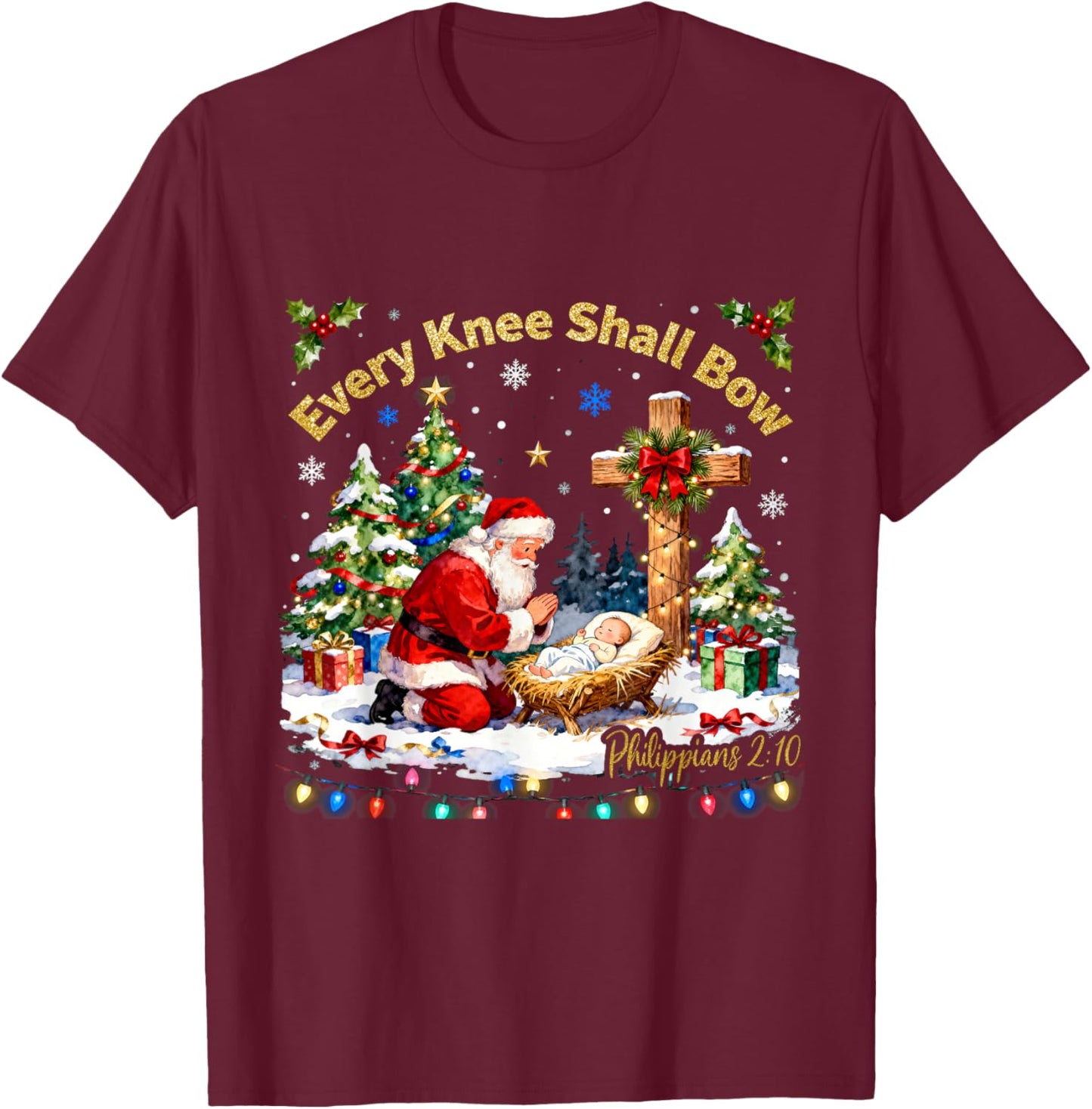 Xmas Every Knee Shall Bow Santa Christmas Nativity Scene T-Shirt - T-Shirt | Maroon