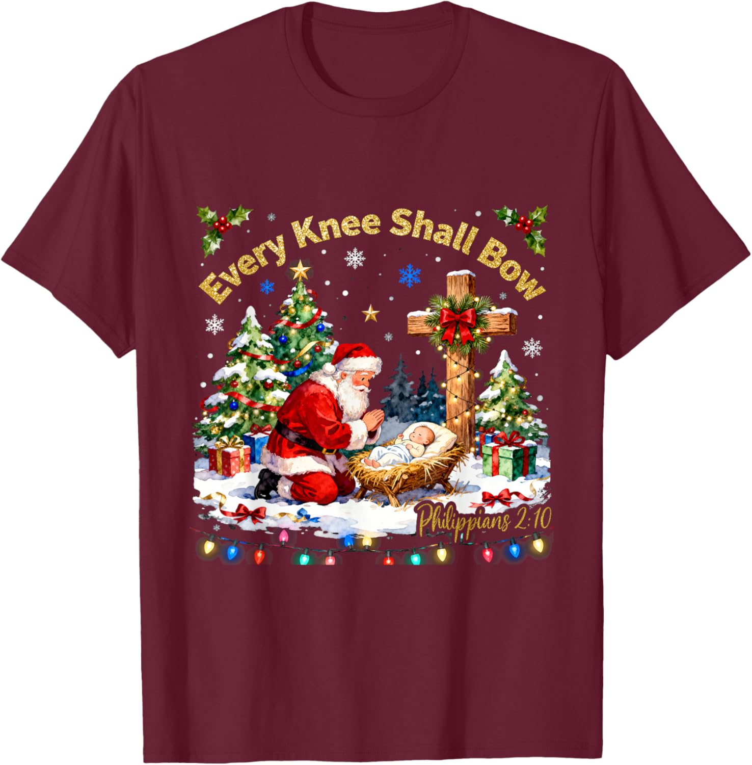 Xmas Every Knee Shall Bow Santa Christmas Nativity Scene T-Shirt - T-Shirt | Maroon