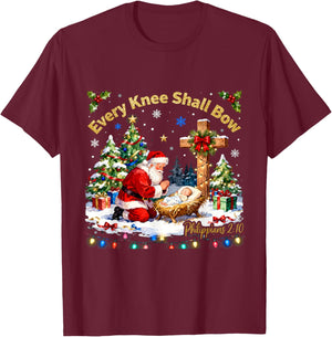 Xmas Every Knee Shall Bow Santa Christmas Nativity Scene T-Shirt - T-Shirt | Maroon