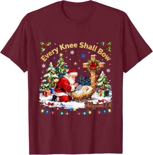 Xmas Every Knee Shall Bow Santa Christmas Nativity Scene T-Shirt - T-Shirt | Maroon