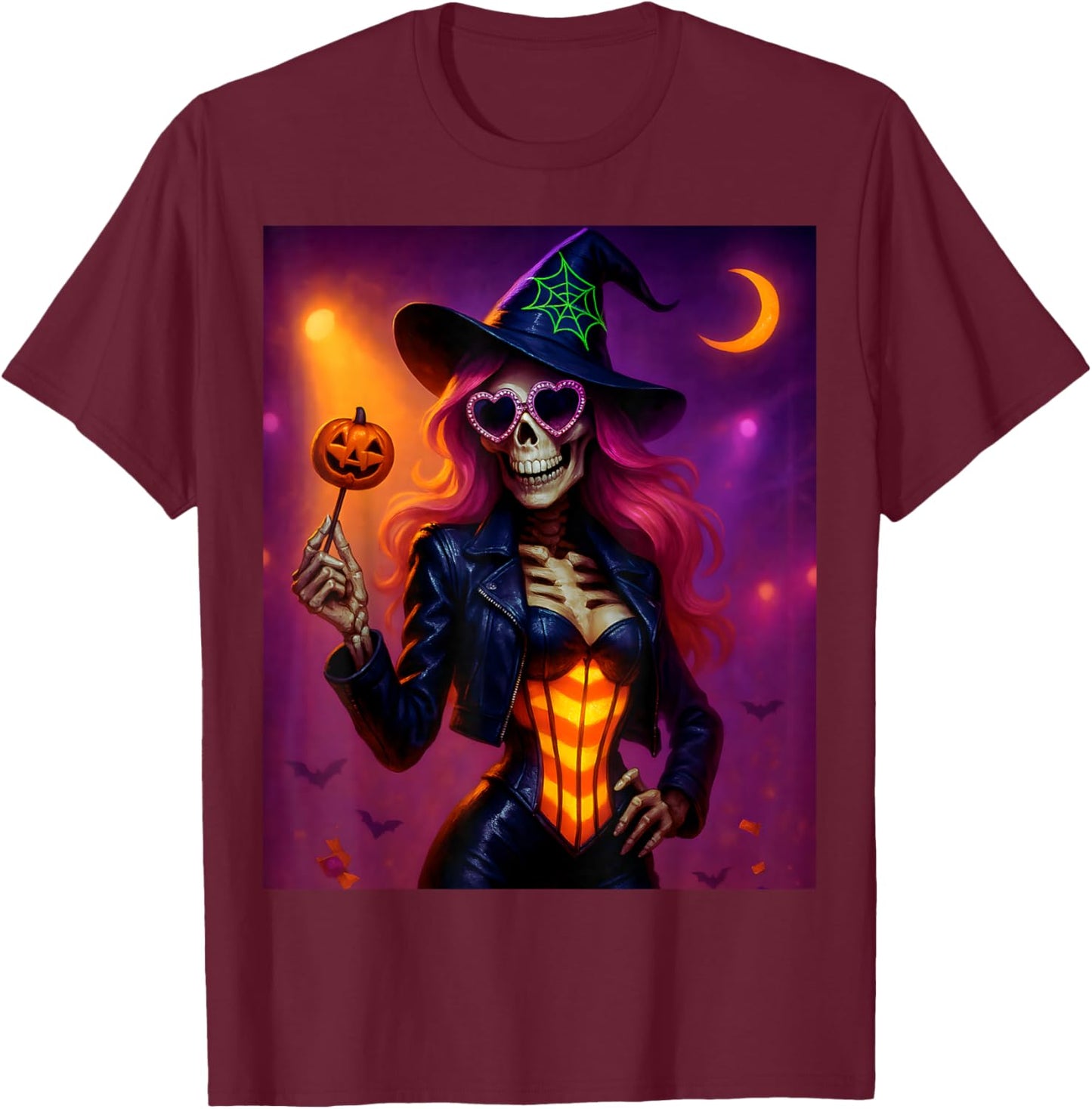 Skeleton Witch Halloween T-Shirt - T-Shirt | Maroon