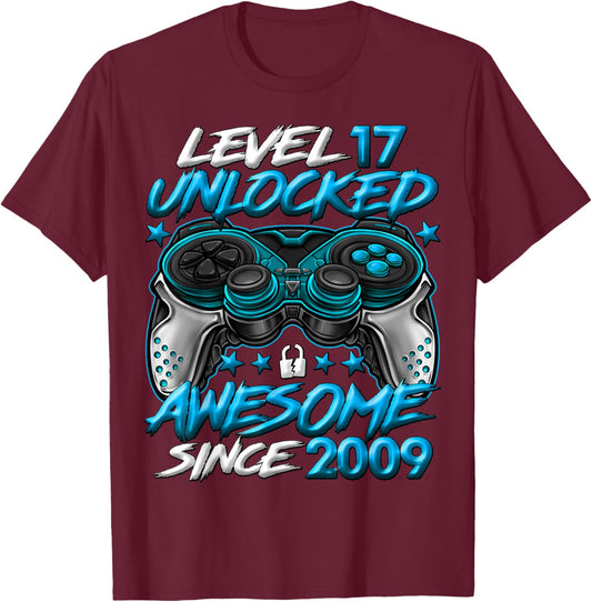 Level 17 Unlocked 17 Year Old Gifts Boys 17th Birthday Boy T-Shirt - T-Shirt | Maroon