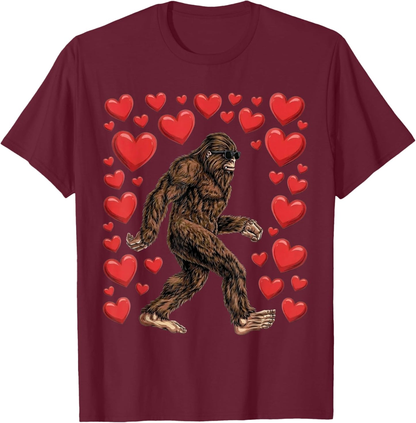 Valentines Day Bigfoot Red Hearts Funny Sasquatch Big Foot T-Shirt - T-Shirt | Maroon