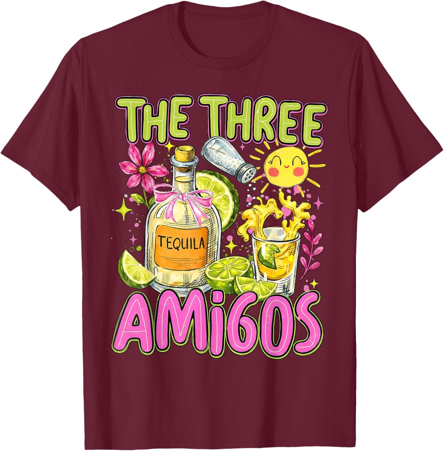 The Three Amigos Cinco De Mayo Tequila Pink Bow Girls Trip T-Shirt - T-Shirt | Maroon