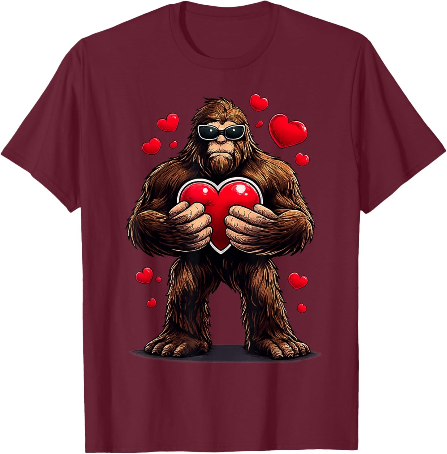 Cool Bigfoot Holding Heart Funny Valentine Gifts Men Women T-Shirt - T-Shirt | Maroon