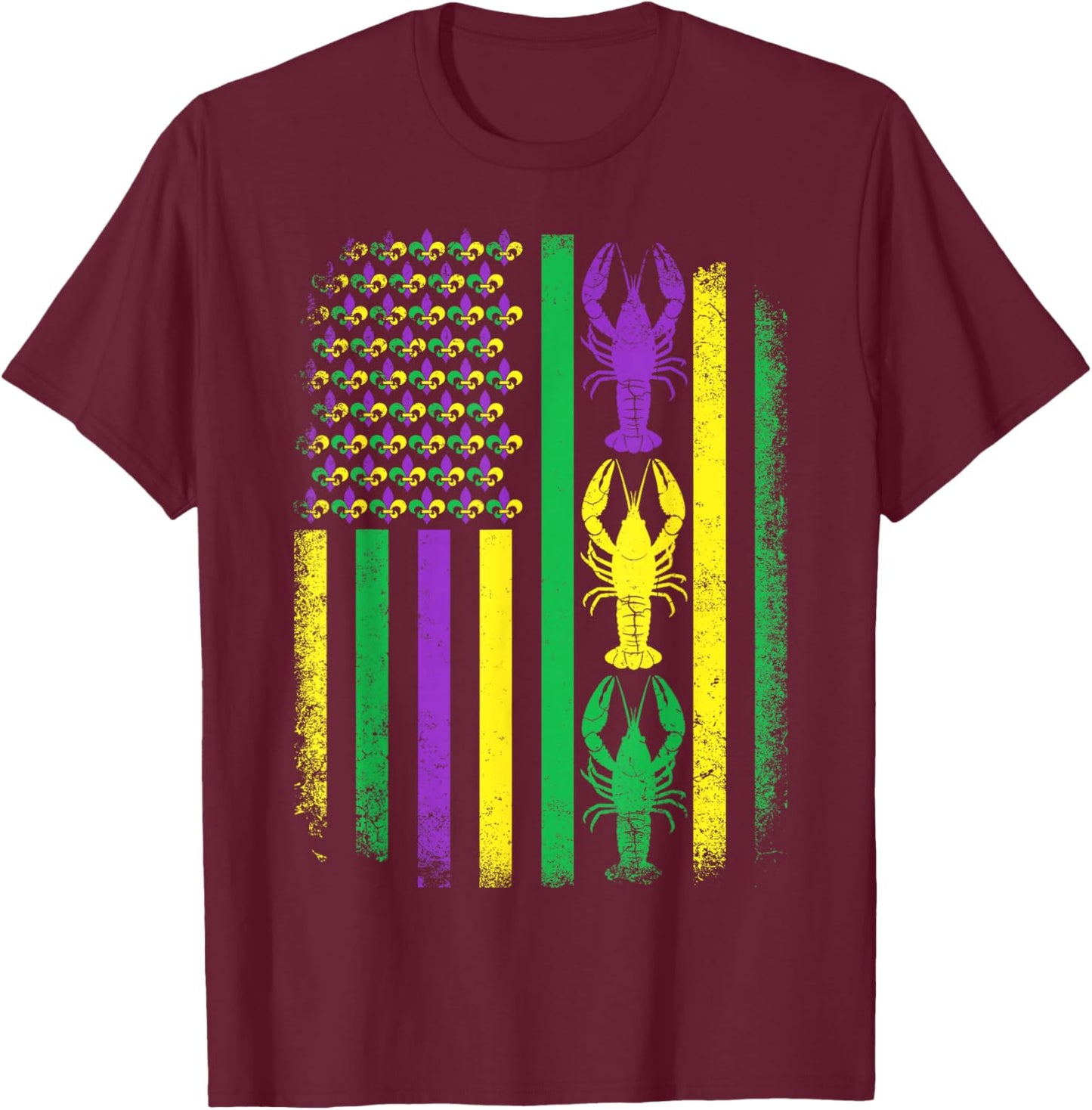Retro Mardi Gras USA American Flag Crawfish Parade Men Women T-Shirt - T-Shirt | Maroon