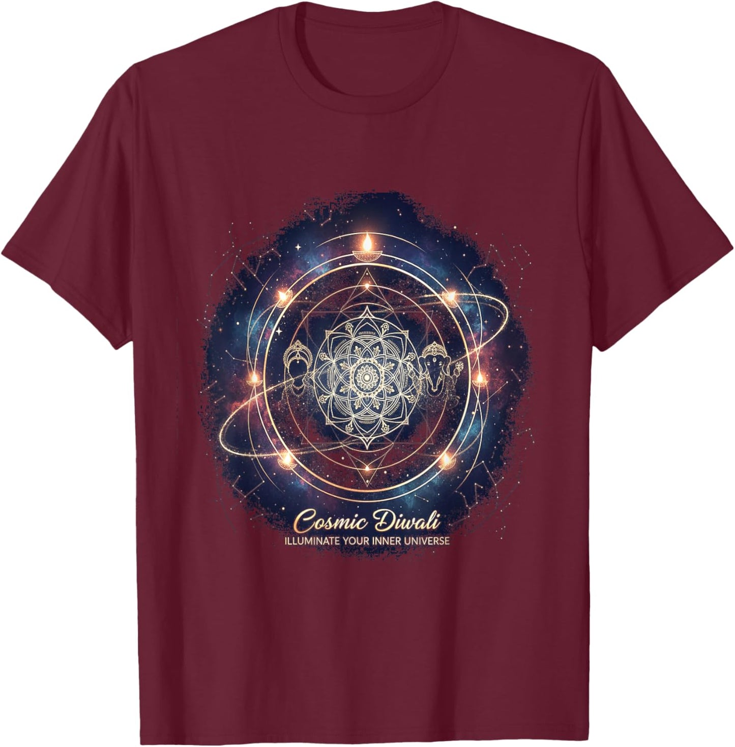 Cosmic Diwali Mandala, Meditation,Spiritual, Festive T-Shirt - T-Shirt | Maroon