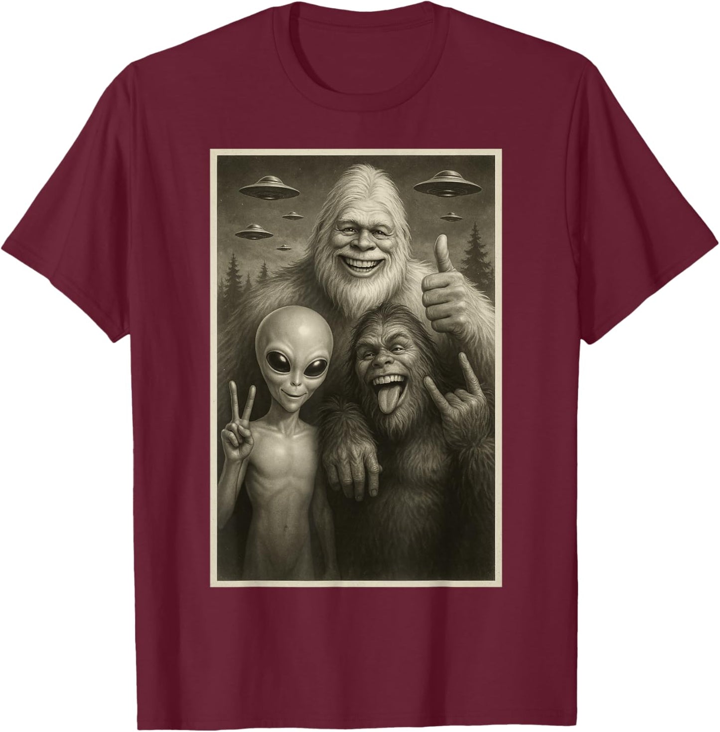 Funny Bigfoot, Alien, & Yeti Sasquatch Rock On UFO Handsign T-Shirt - T-Shirt | Maroon