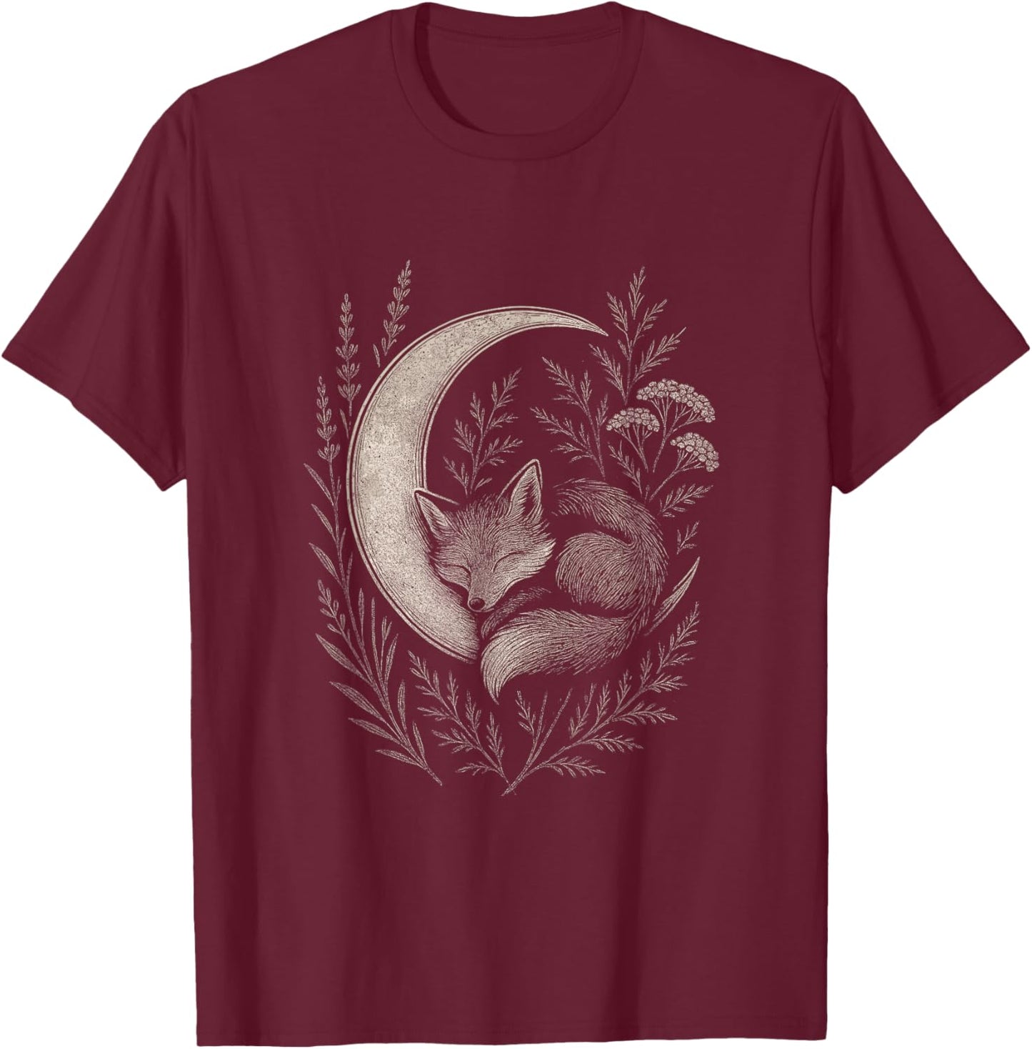 Forest Solstice Fox and Moon Graphic T-Shirt - T-Shirt | Maroon