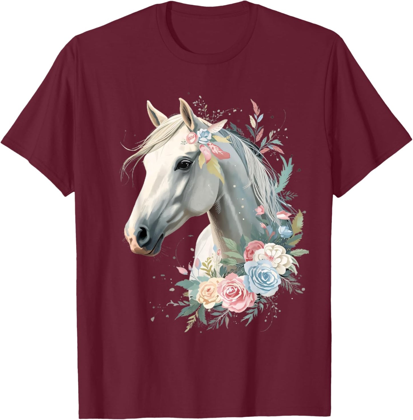 White Horse Portrait with Elegant Floral Elements T-Shirt - T-Shirt | Maroon