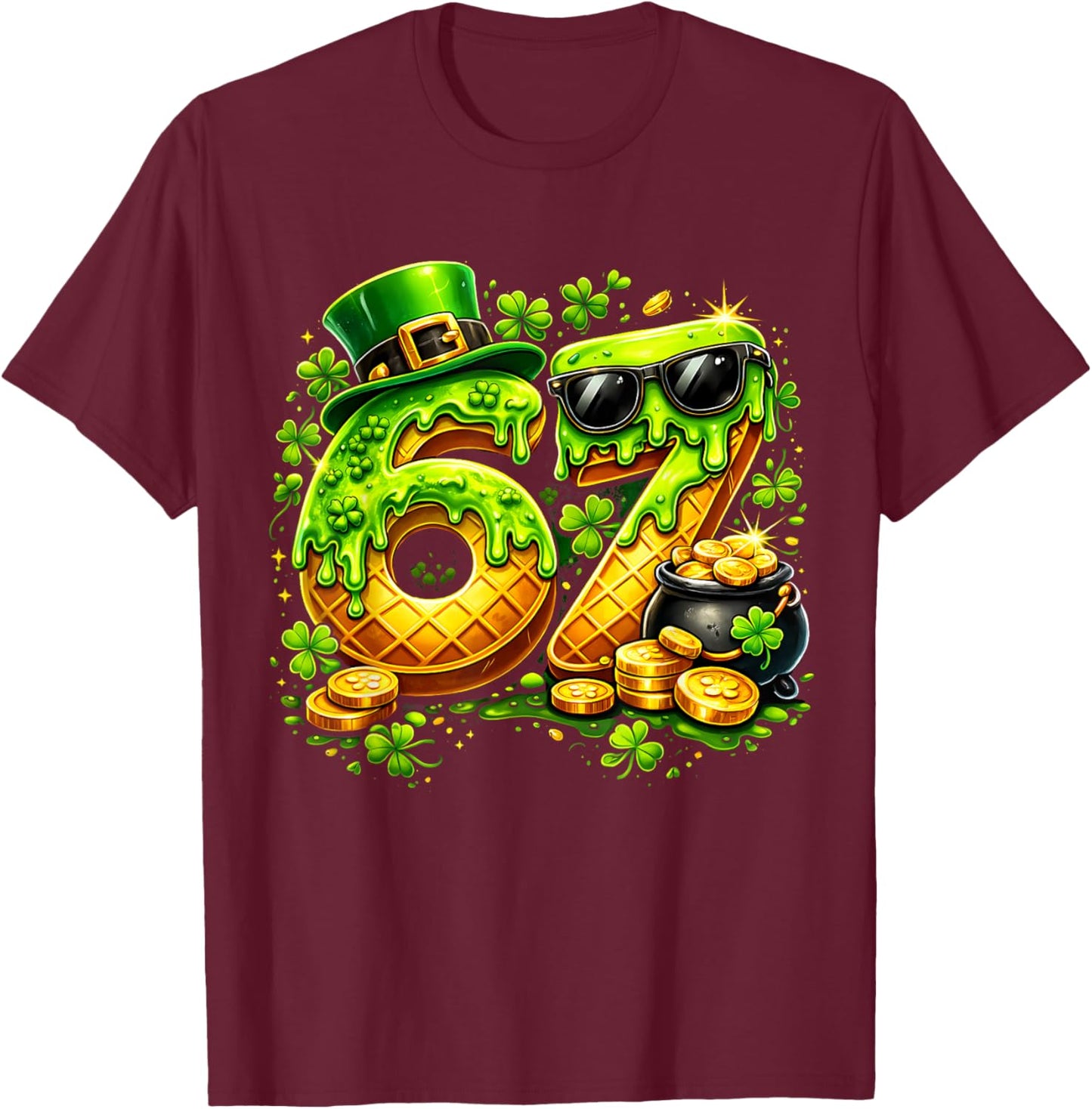 Six Seven Meme 67 St Patricks Day Shamrock Men Women Kids T-Shirt - T-Shirt | Maroon
