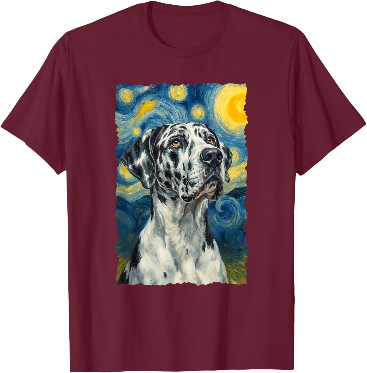 Harlequin Great Dane Van Gogh T-Shirt - T-Shirt | Maroon
