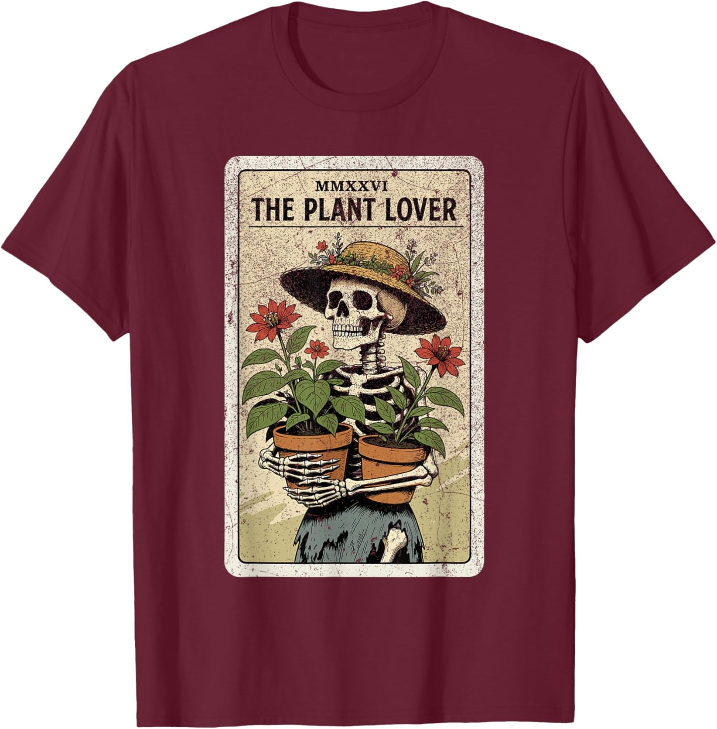 Botanical Goth Art Plant Lover Tarot Card Skeleton Gardener T-Shirt - T-Shirt | Maroon