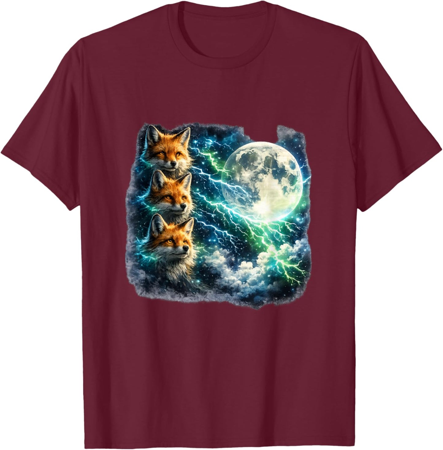 Mystical Foxes Under The Moonlight Art T-Shirt - T-Shirt | Maroon