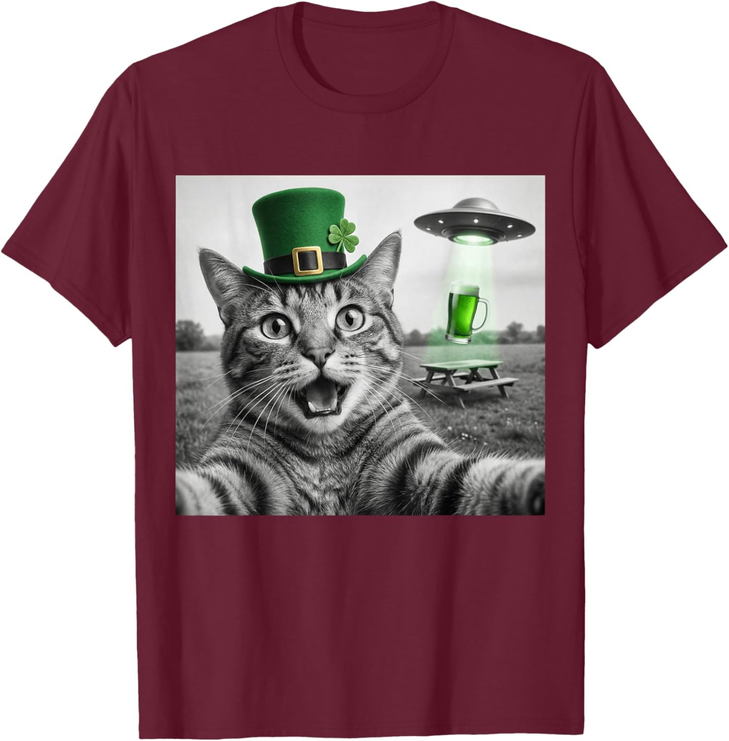 Funny Cat Selfie St Patricks Day UFO Abduction Green Beer T-Shirt - T-Shirt | Maroon