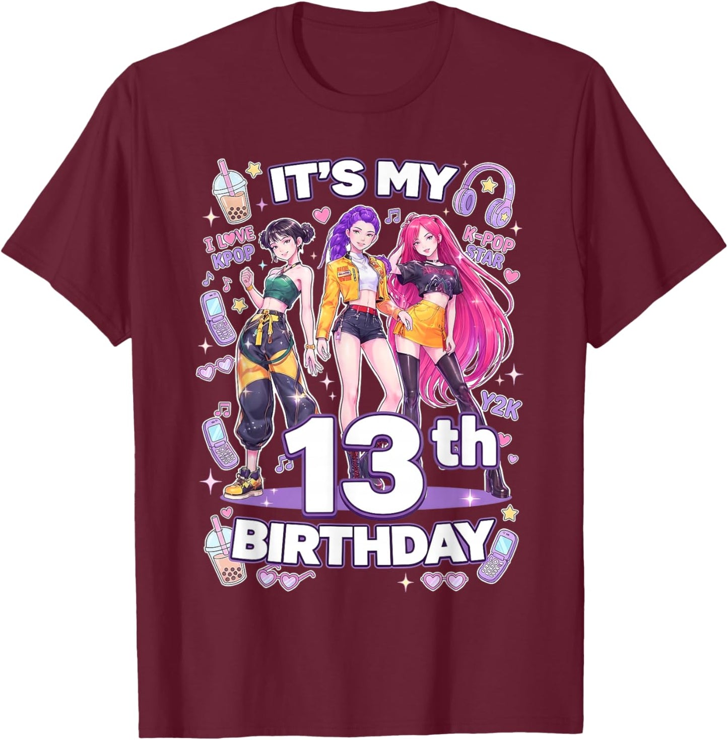 13th Birthday 13 Year Old Girl Korean Pop K-pop Bday Party T-Shirt - T-Shirt | Maroon