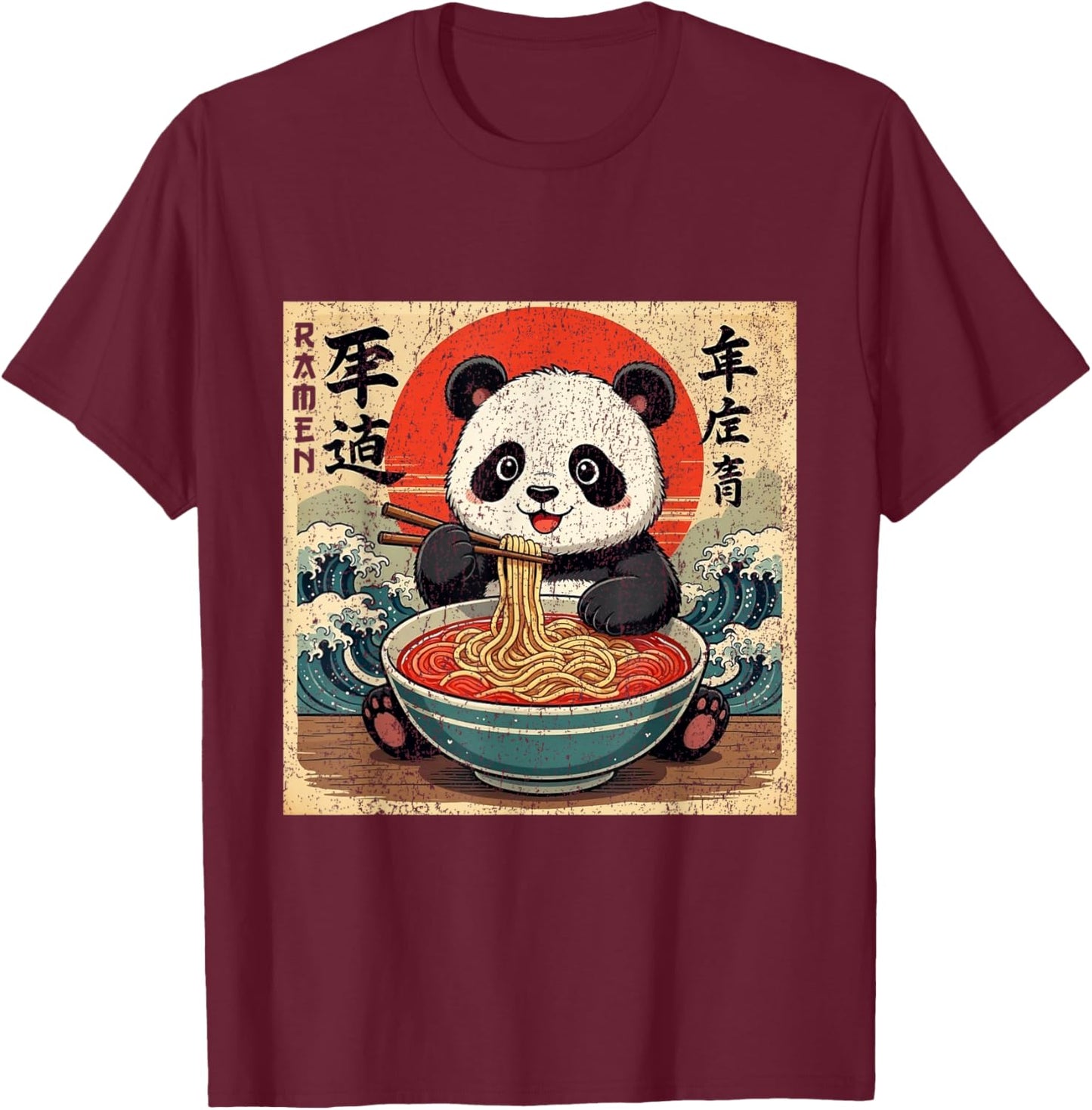 Kawaii Anime Panda Ramen Kids Funny Japanese Kanagawa Wave T-Shirt - T-Shirt | Maroon
