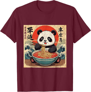 Kawaii Anime Panda Ramen Kids Funny Japanese Kanagawa Wave T-Shirt - T-Shirt | Maroon