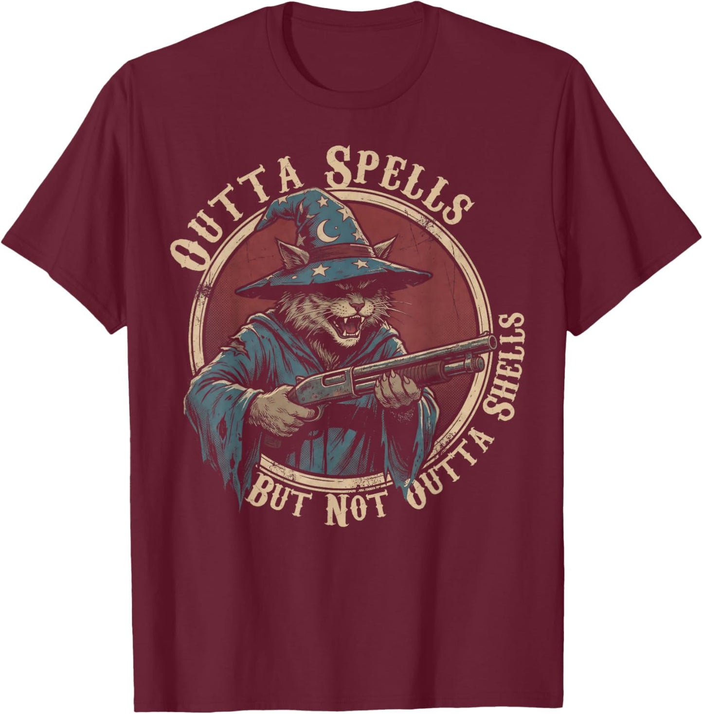 Wizard Cat Outta Spells But Not Outta Shells Gun Owner T-Shirt - T-Shirt | Maroon