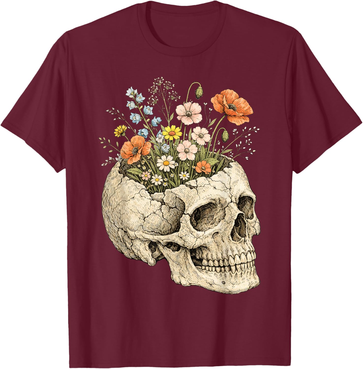 Floral Skull Skeleton Goth Dark Aesthetic Flower Plant T-Shirt - T-Shirt | Maroon