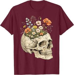 Floral Skull Skeleton Goth Dark Aesthetic Flower Plant T-Shirt - T-Shirt | Maroon