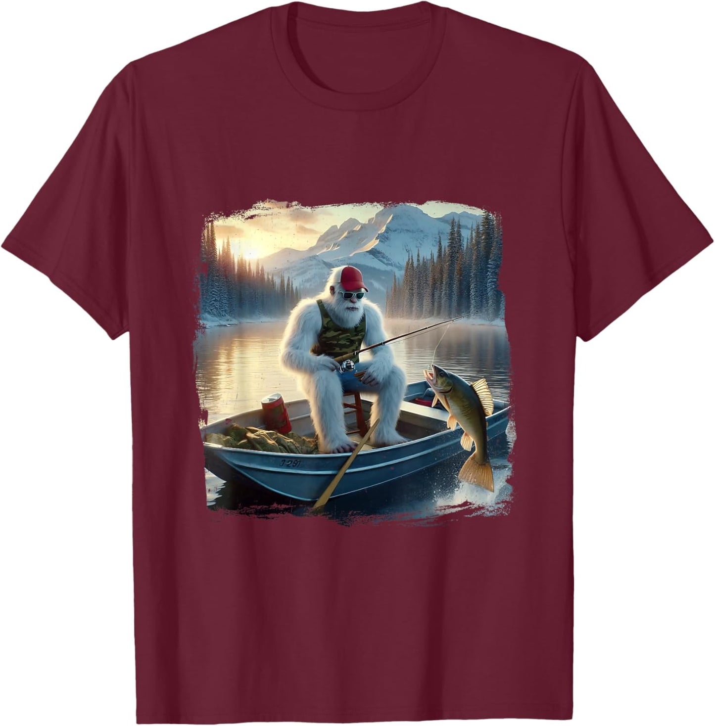 Fishing Merry Fishmas Funny Fish Santa Bigfoot Winter T-Shirt - T-Shirt | Maroon