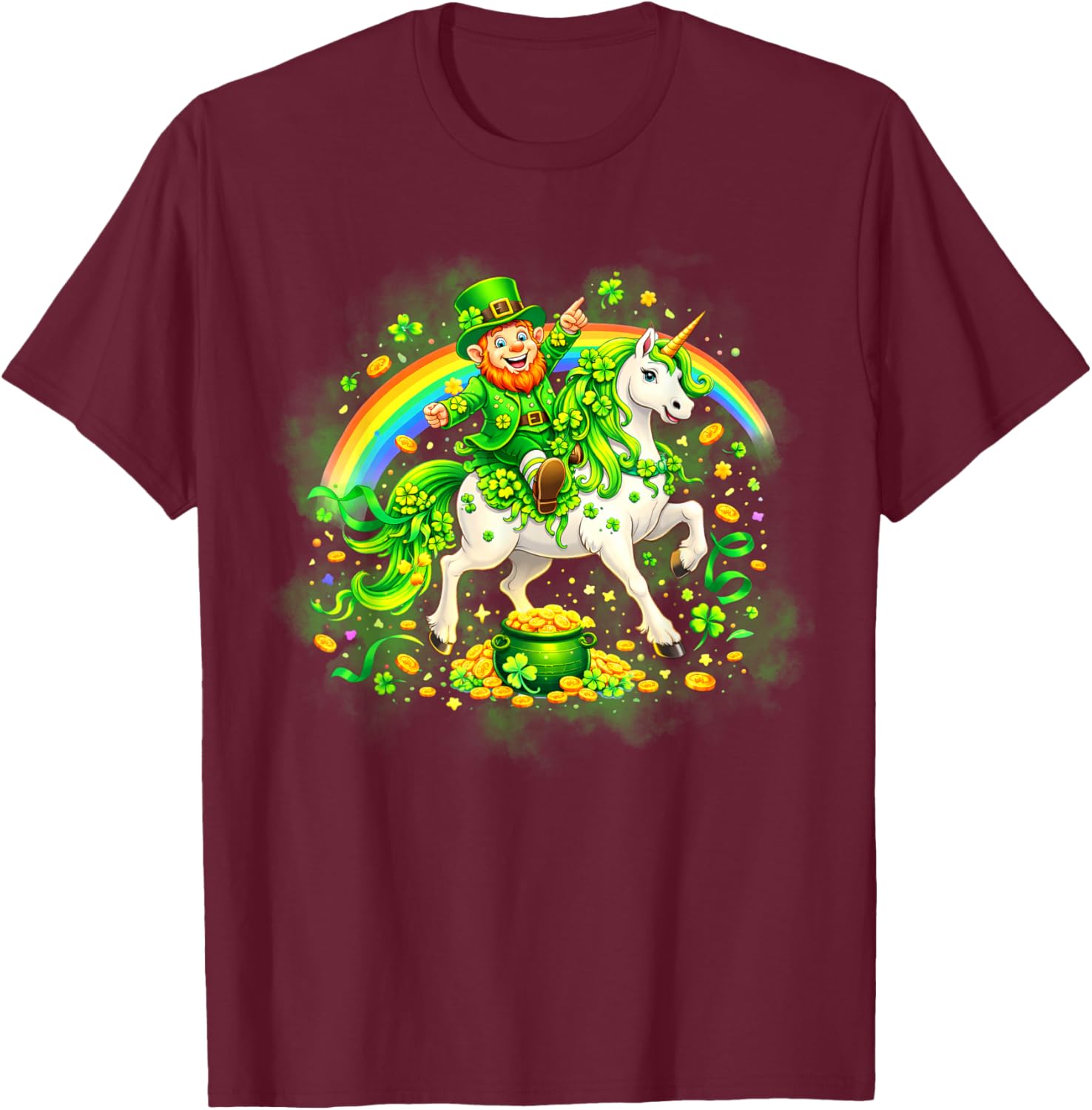 St Patricks Day Leprechaun Riding Unicorn T-Shirt - T-Shirt | Maroon