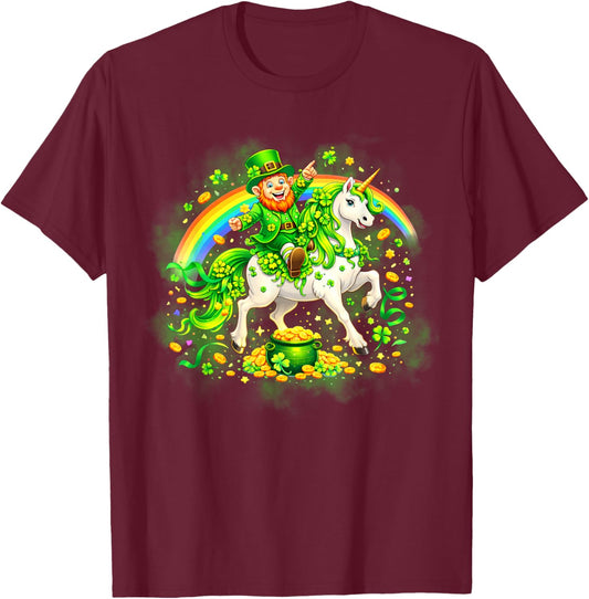 St Patricks Day Leprechaun Riding Unicorn T-Shirt - T-Shirt | Maroon