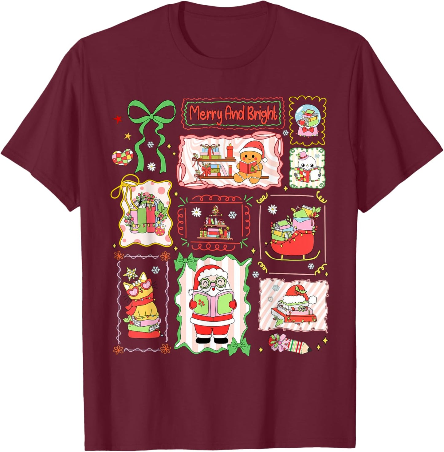 Merry and Bright Christmas Gingerbread Santa Book Teacher T-Shirt - T-Shirt | Maroon