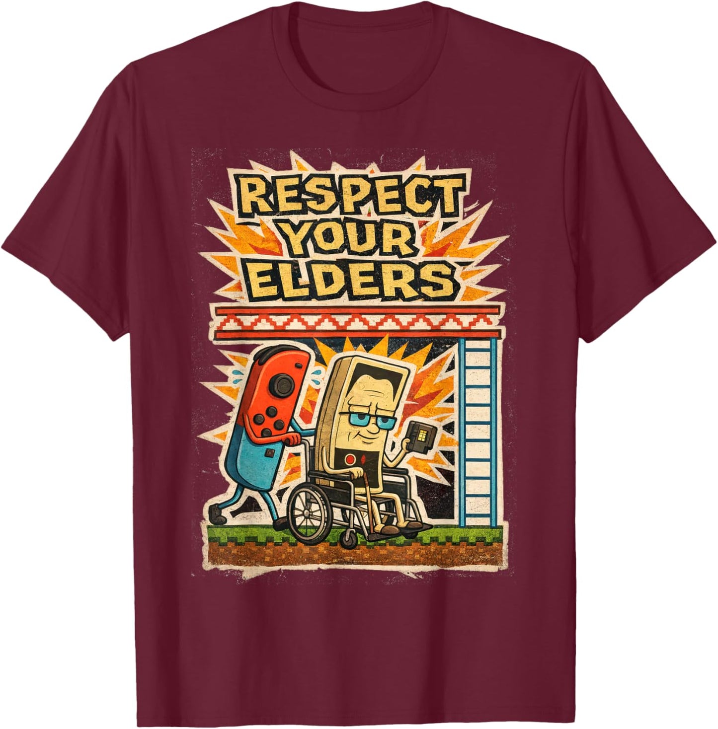 Respect Your Elders Funny Gamer Controller 80s Retro Poster T-Shirt - T-Shirt | Maroon