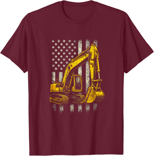 Excavator Flag - Funny Construction Operator T-Shirt - T-Shirt | Maroon