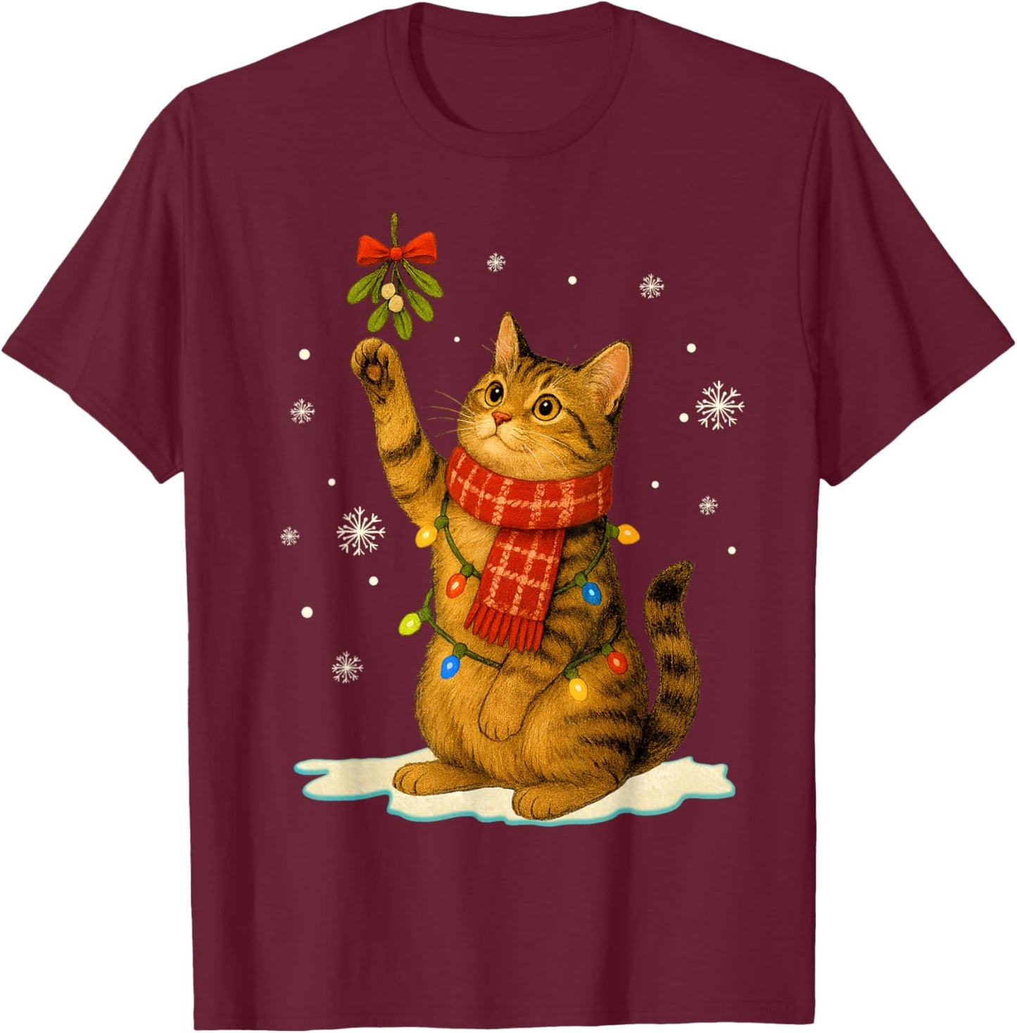 Cat Christmas Mistletoe Vintage Cat Lover Holiday Women Kids T-Shirt - T-Shirt | Maroon