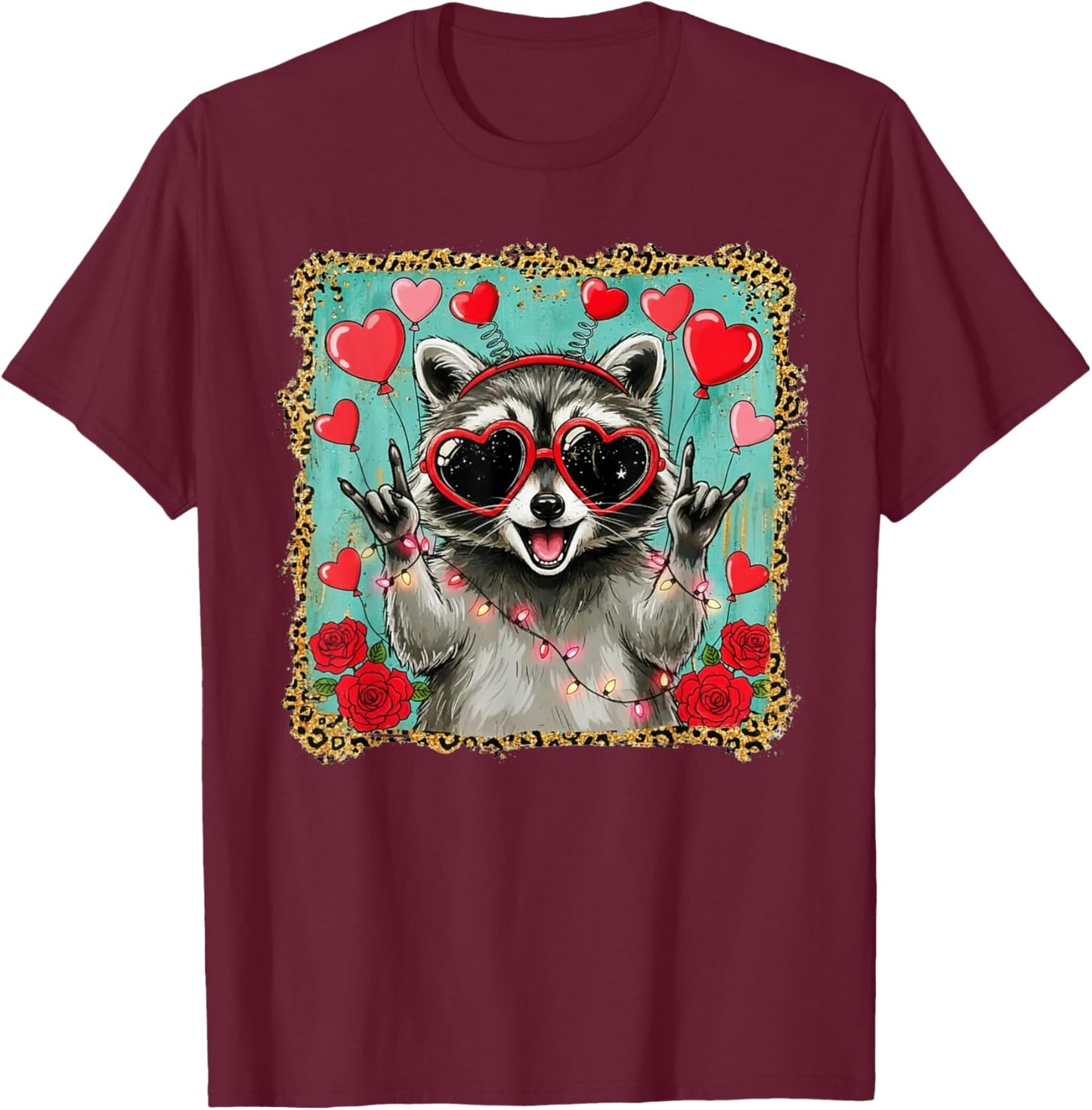 Rock On Hand Sign Racoon Meme Funny Valentines T-Shirt - T-Shirt | Maroon