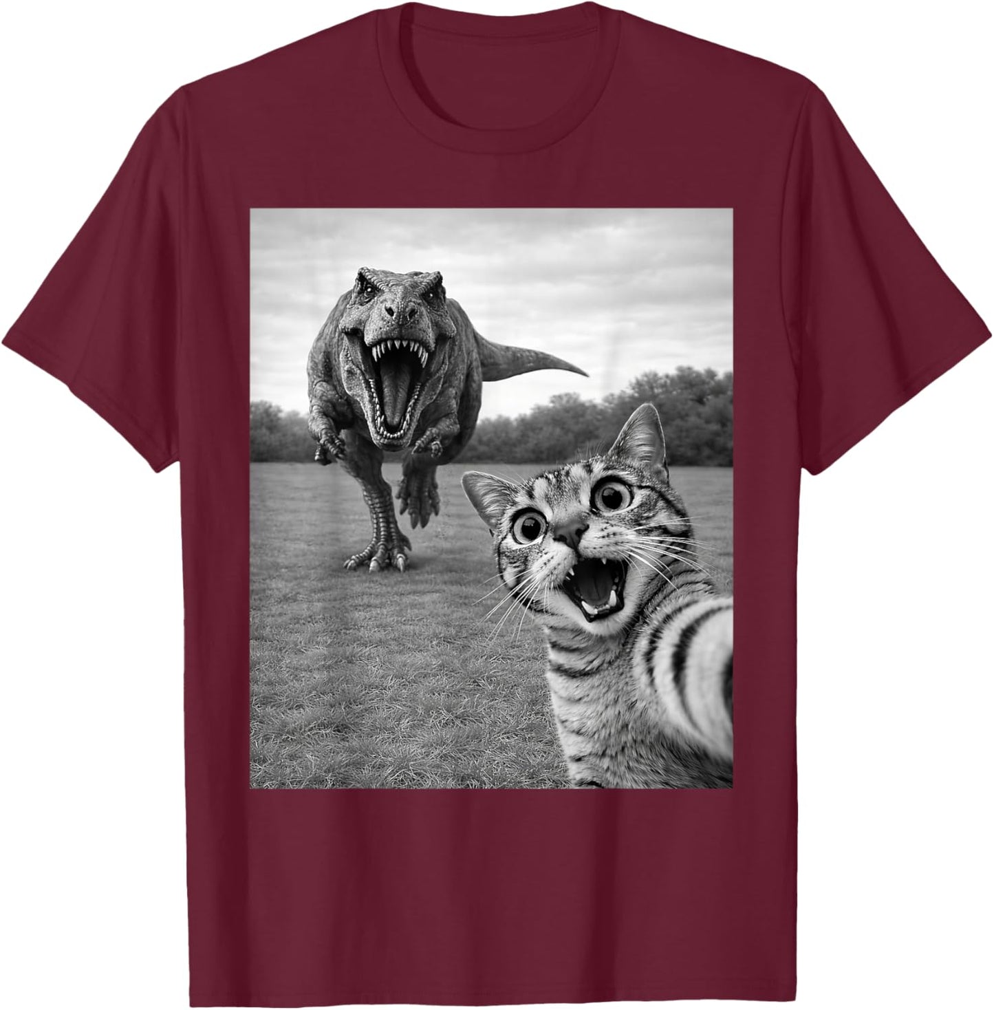 Cat Selfie with T-Rex Dinosaur Men Women Kids T-Shirt - T-Shirt | Maroon