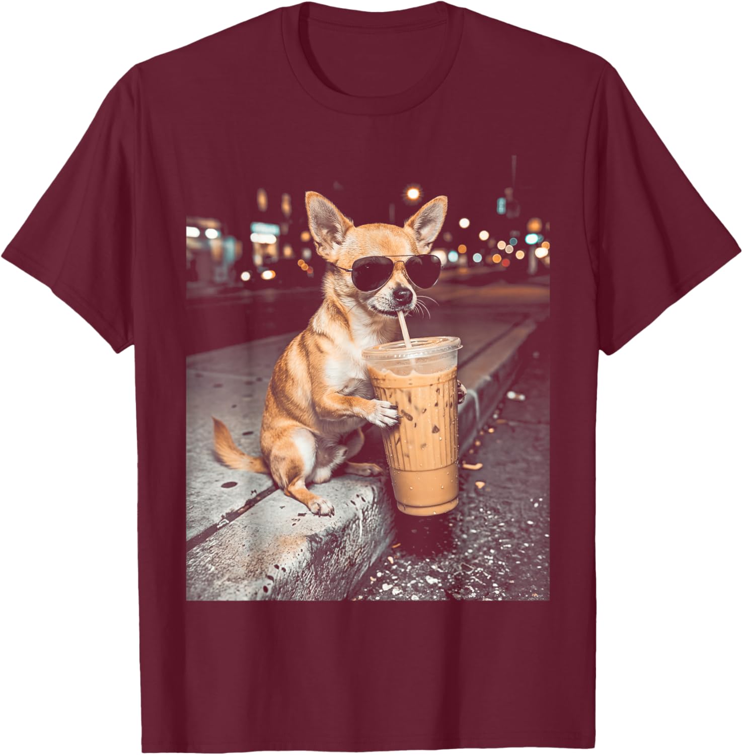 Chihuahua Drinking Iced Coffee Funny Animal Meme Men Women T-Shirt - T-Shirt | Maroon